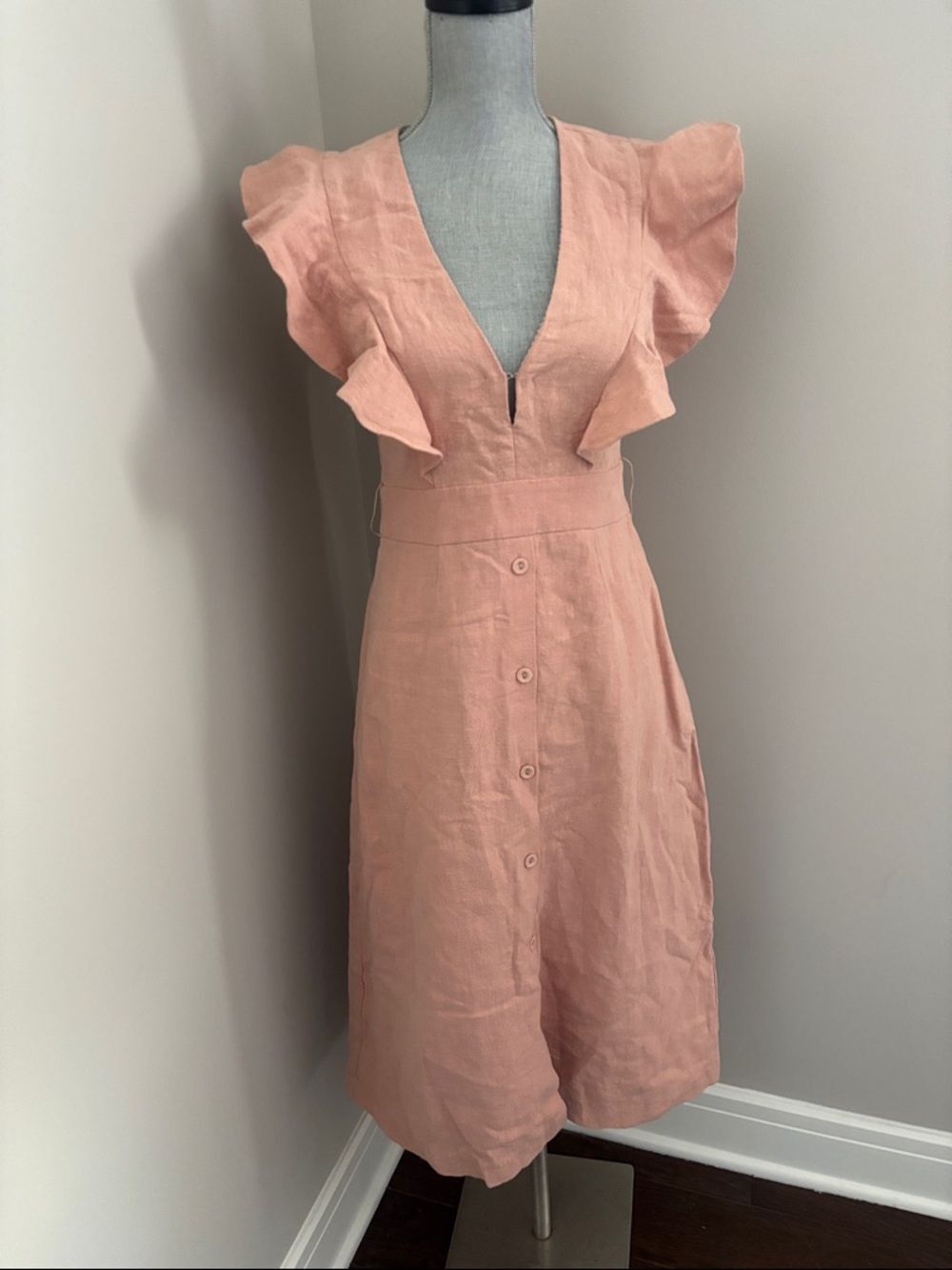 SAYLOR Dress Womens Medium Pink A-Line Midi Ruffle 100% Linen